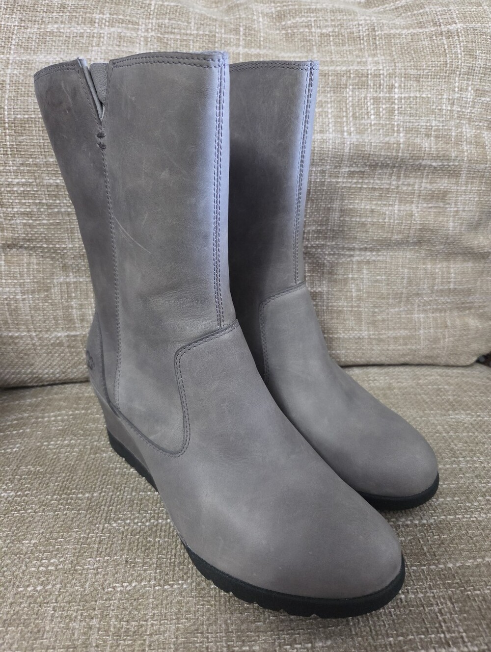 UGG Joely Waterproof Leather Wedge Boots Grey Mid Calf Womens Size 6.5 NWT New